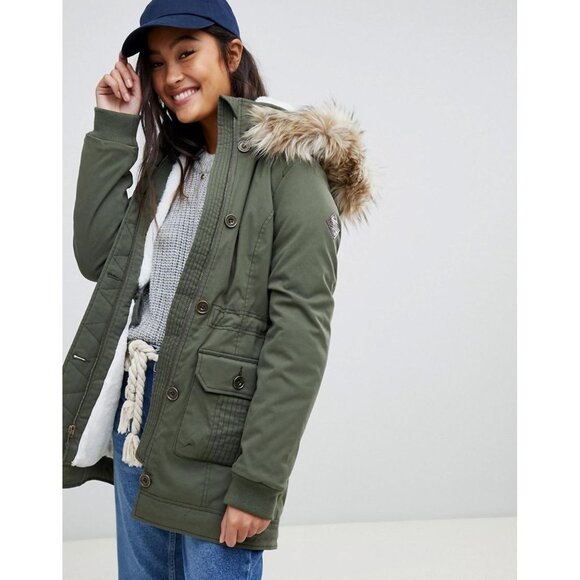 Vintage Y2K Hollister Green Faux Fur Plaid Lined Hooded Parka